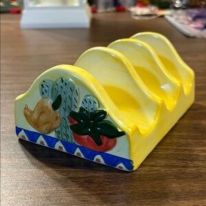 Yellow Ceramic Taco Holder with Fruit Design